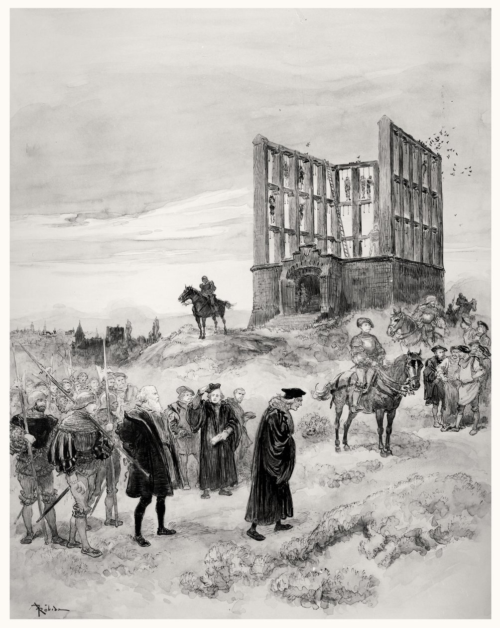 Superintendenten Jacques de Semblancay (ca. 1445-1527) dømt til døden, på vei opp til Montfaucon Gibbet, 1909 (wc på papir) av Albert Robida