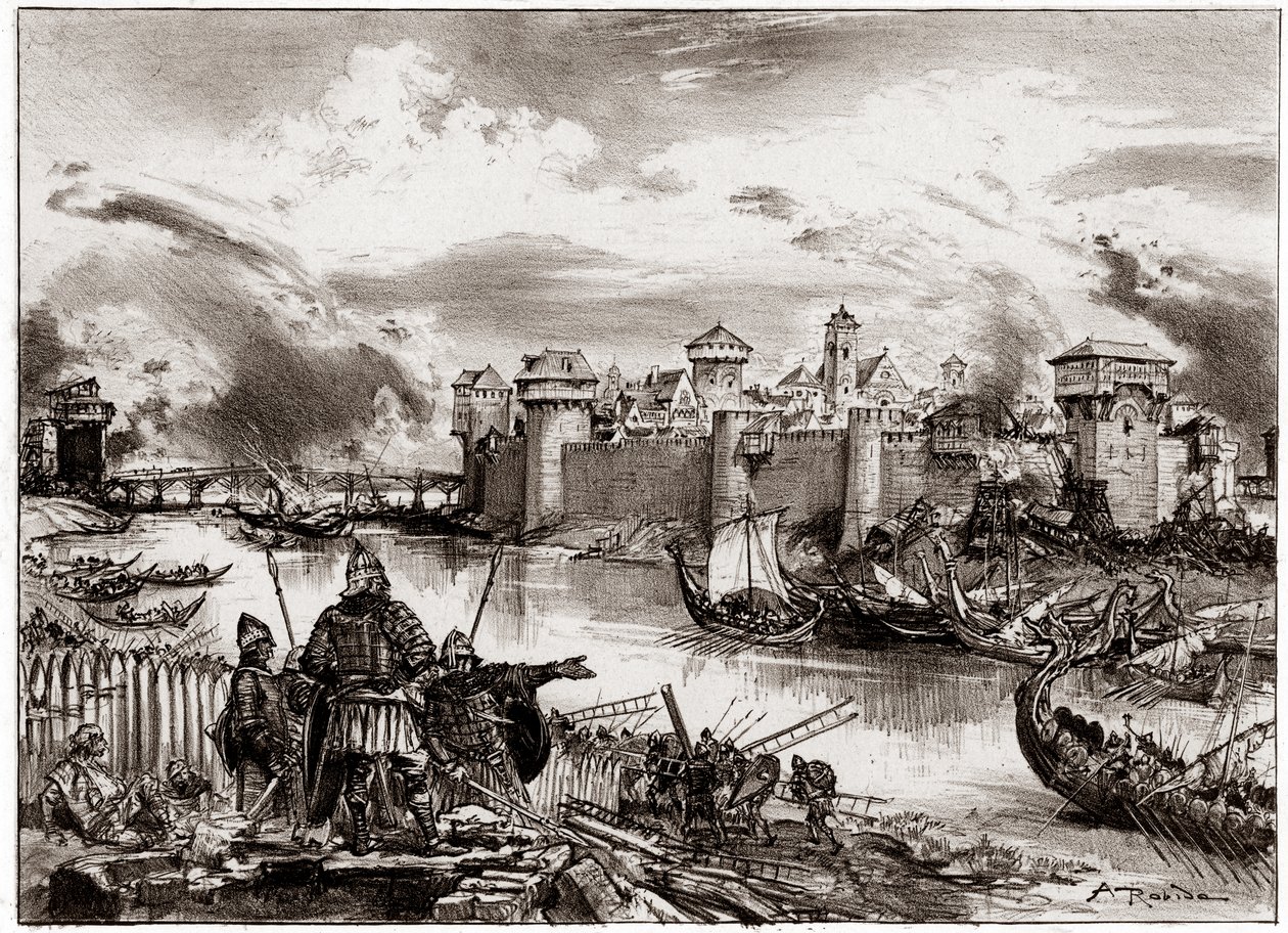 Vikingene, normanniske pirater kommandert av sin leder Siegfried, beleiret Paris (gravering) av Albert Robida