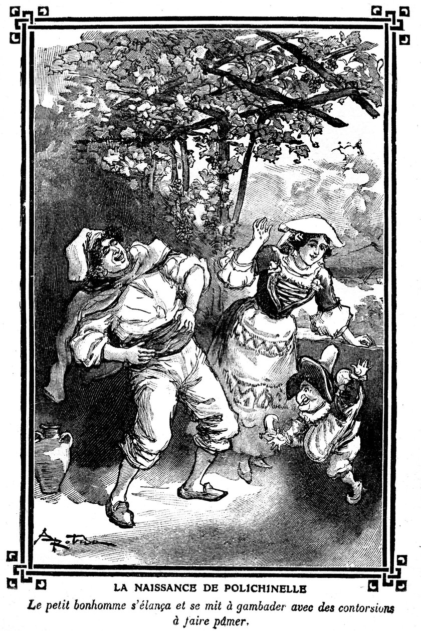 Fødselen til Polichinelle. Tegning av Albert Robida (1848-1926) i en lesebok for barn 1920-1930. av Albert Robida
