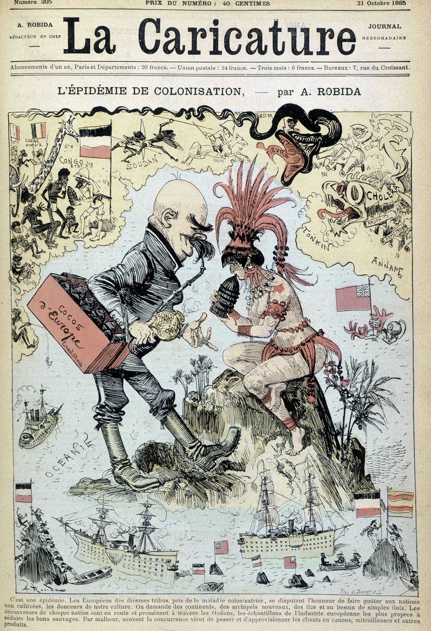 Koloniseringsepidemien: antikolonialistisk tegning av Robida - i "" La Caricature"" av 31.10.1885 av Albert Robida
