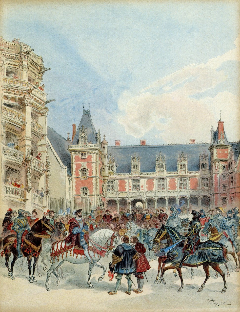 Hoffet til Francois I (1494-1547) ved det kongelige slottet i Blois, før 1524. Illustrasjon av Albert Robida