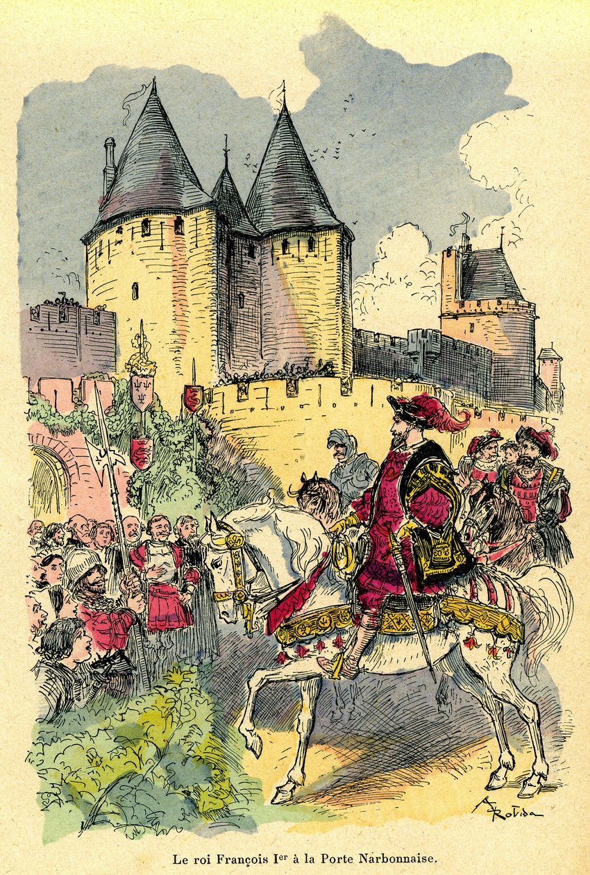 Kongen av Frankrike Francois 1. ankommer på hesteryggen foran Cite de Carcassonne, Porte Narbonnaise. Illustrasjon av Albert Robida (1848-1926): forsiden av boken quot;Le tresor de Carcassonnequot;quot; første utgave H. Laurens 1921. av Albert Robida