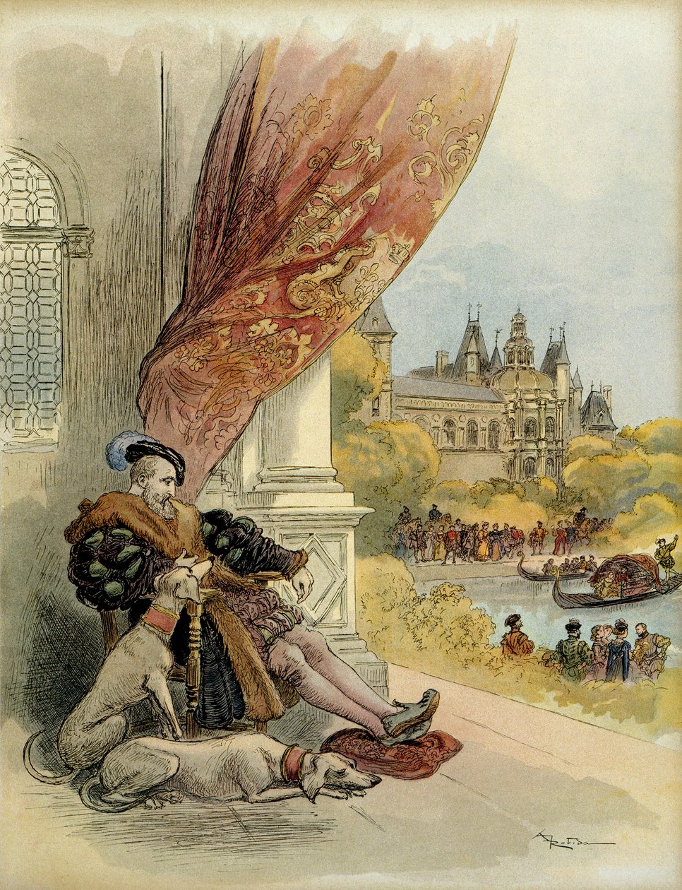 De siste dagene av Francois 1. (1494-1547), på slottet i Rambouillet. Illustrasjon av Albert Robida