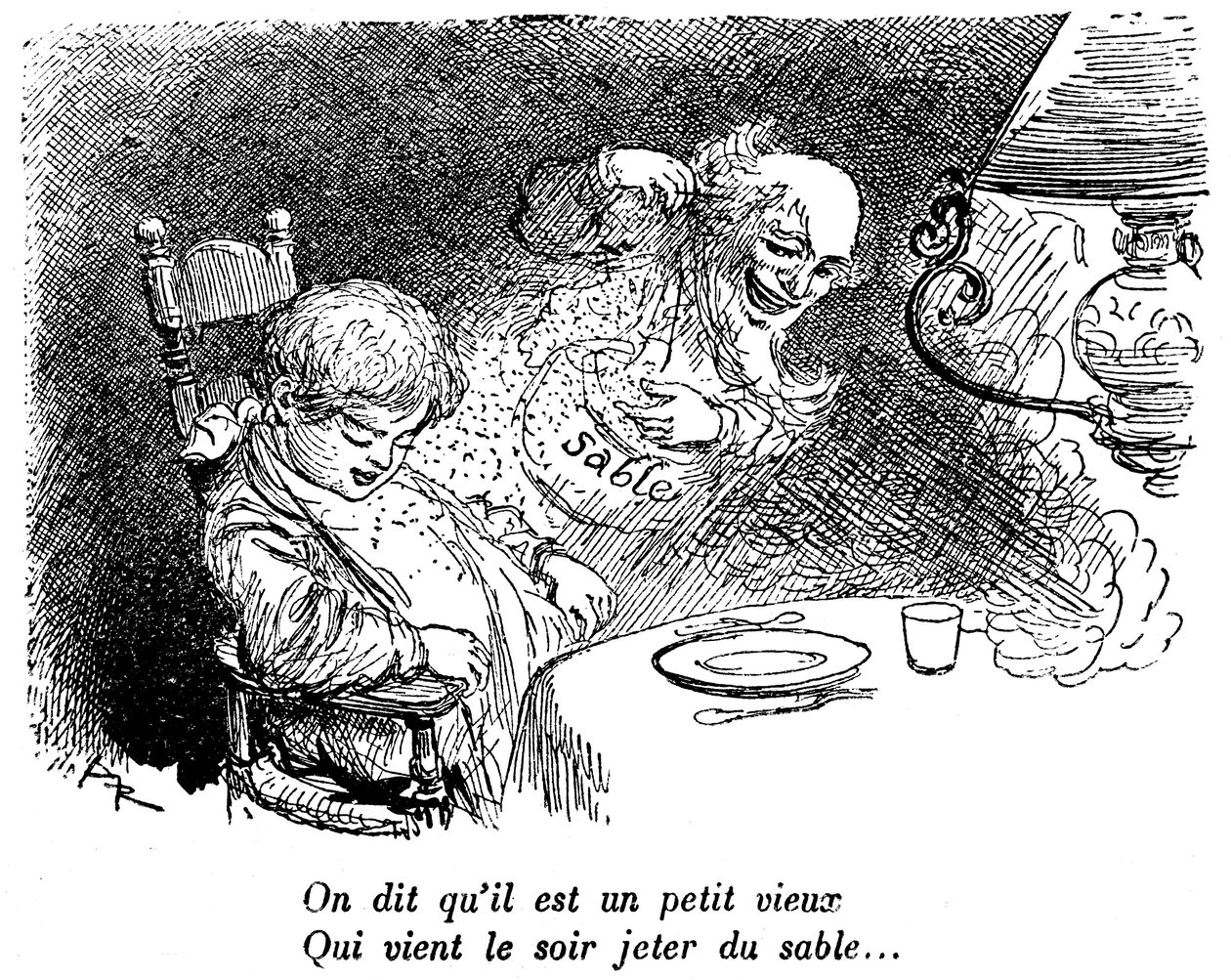 Sandhandleren har gått! Barn sover etter å ha spist. Sove. “” De sier han er en liten gammel mann som kommer for å kaste sand om natten...” Tegning av Albert Robida (1848-1926) i en lesebok for barn 1920-1930. av Albert Robida