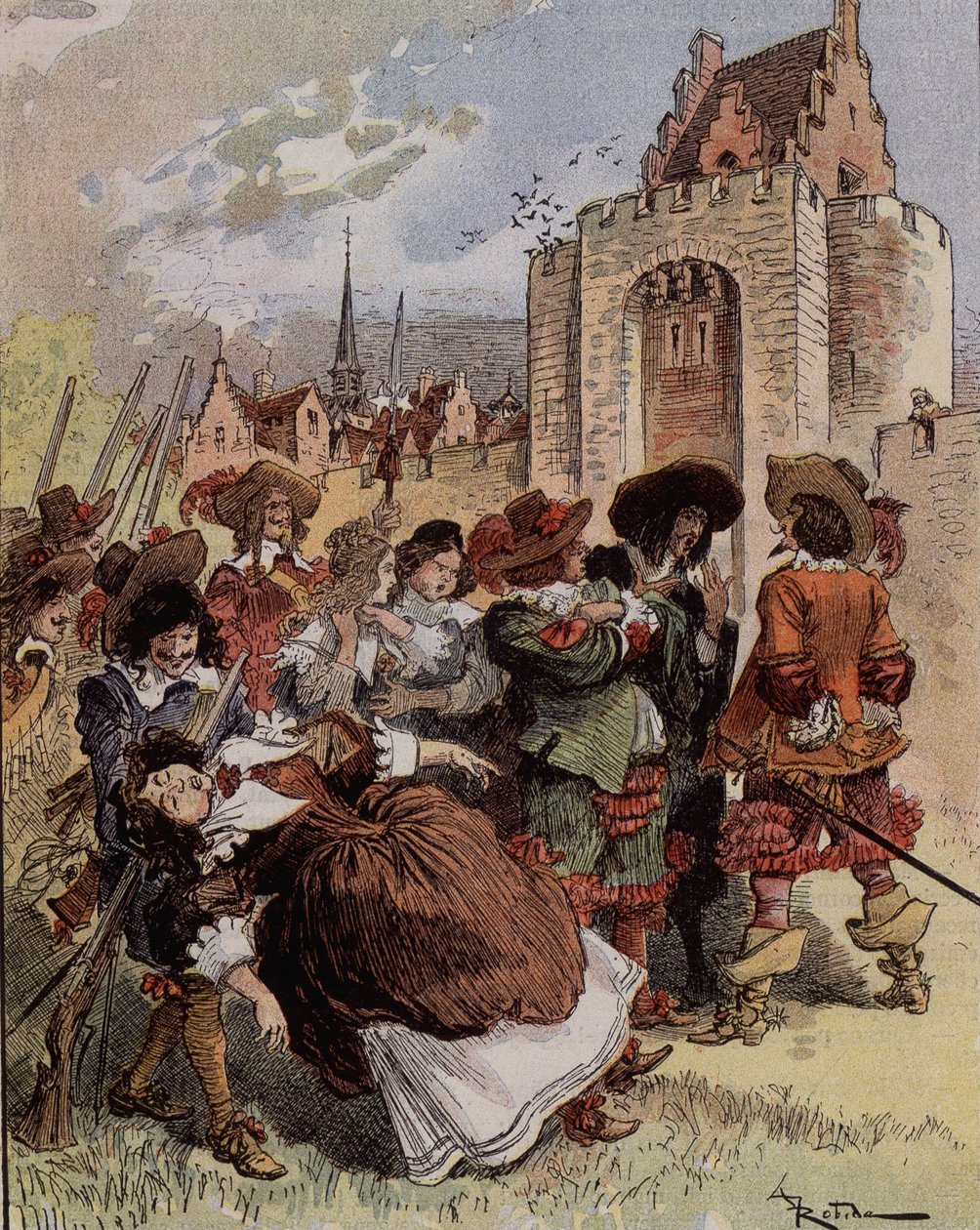 Kaptein Bellormeaus sjenanse - "" Madame de Malicorne falt i armene til en sersjant"". Karakter fra Albert Robidas bok. Omslag "" Den lille franskmannen illustrert"" fra 20.01.1900. av Albert Robida