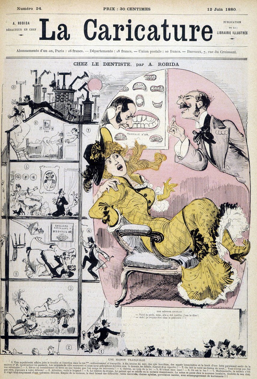 Kvinne hos tannlegen - av Robida, i "" La caricature""" av 12.06.1880. av Albert Robida