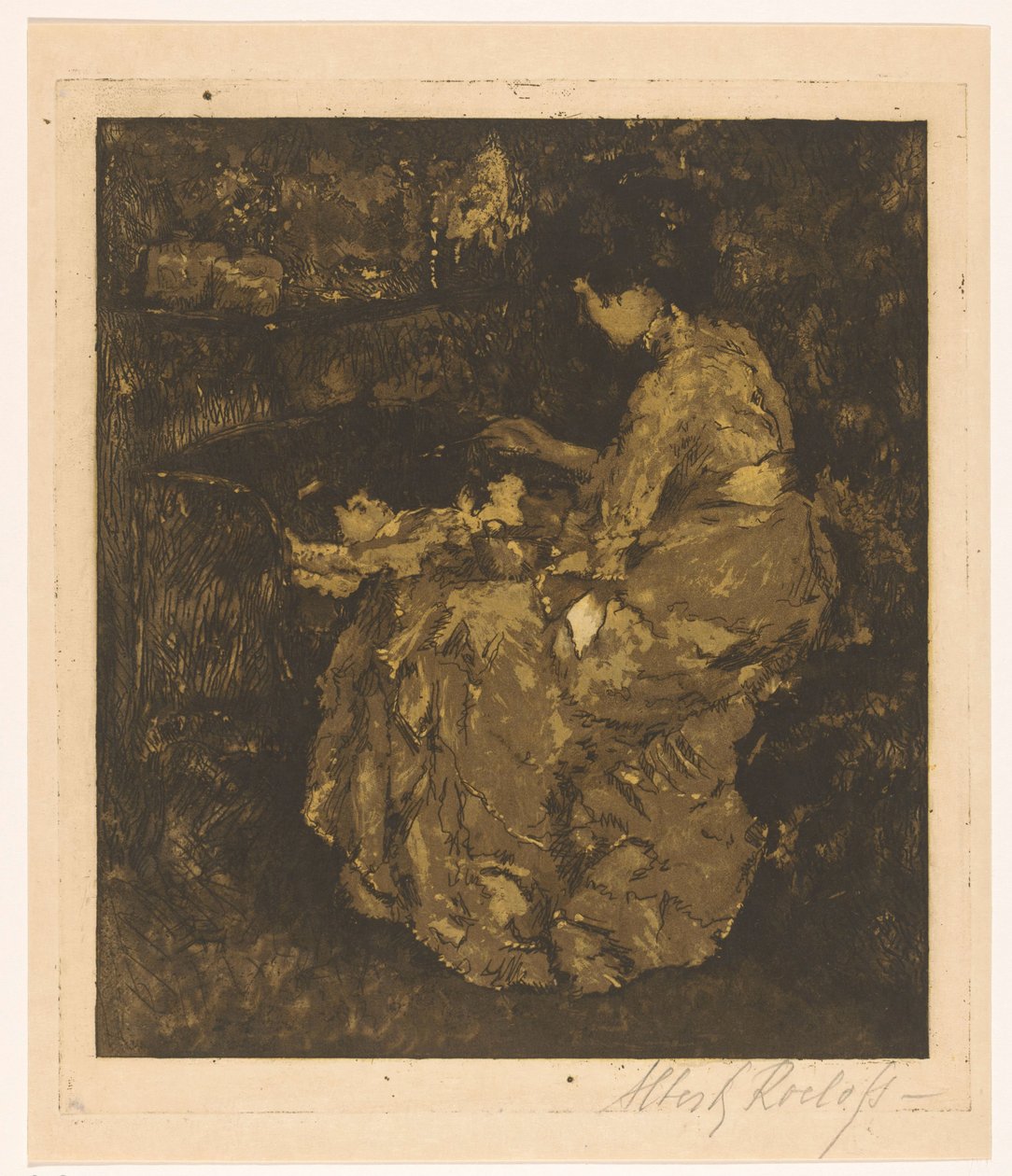 Kvinne mater et barn i en krybbegrøt av Albert Roelofs (signed by artist)