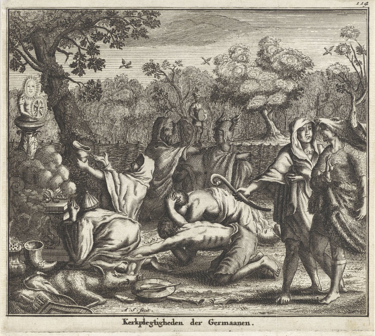 Teutonere tilber en av gudene sine Tyskernes kirkeseremonier (tittel på objekt) av Albert Schut
