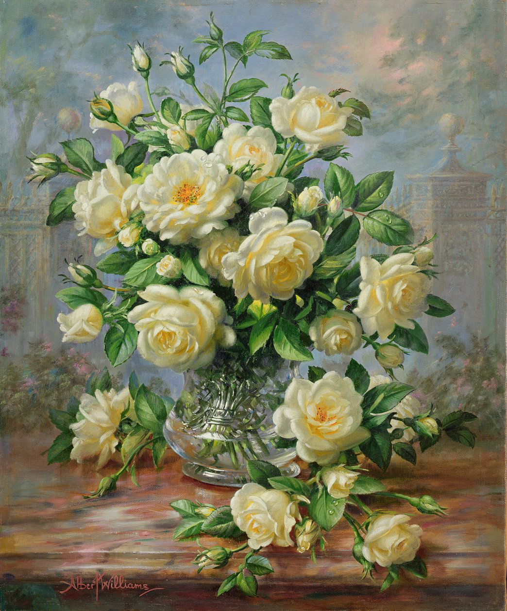 Prinsesse Diana Roses i en utskåret glassvase av Albert Williams