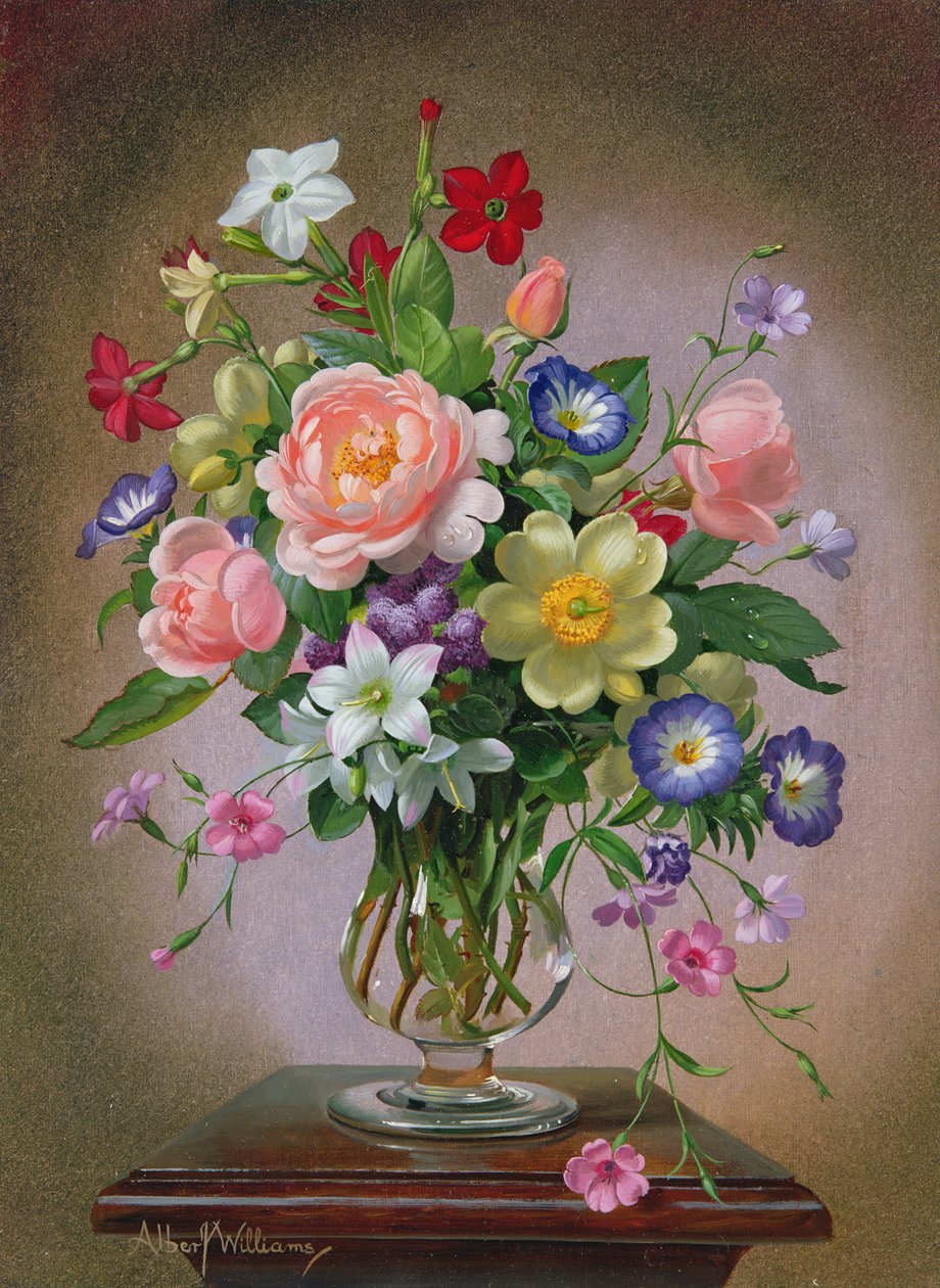 Roser, peoner og fresias i en glassvase av Albert Williams