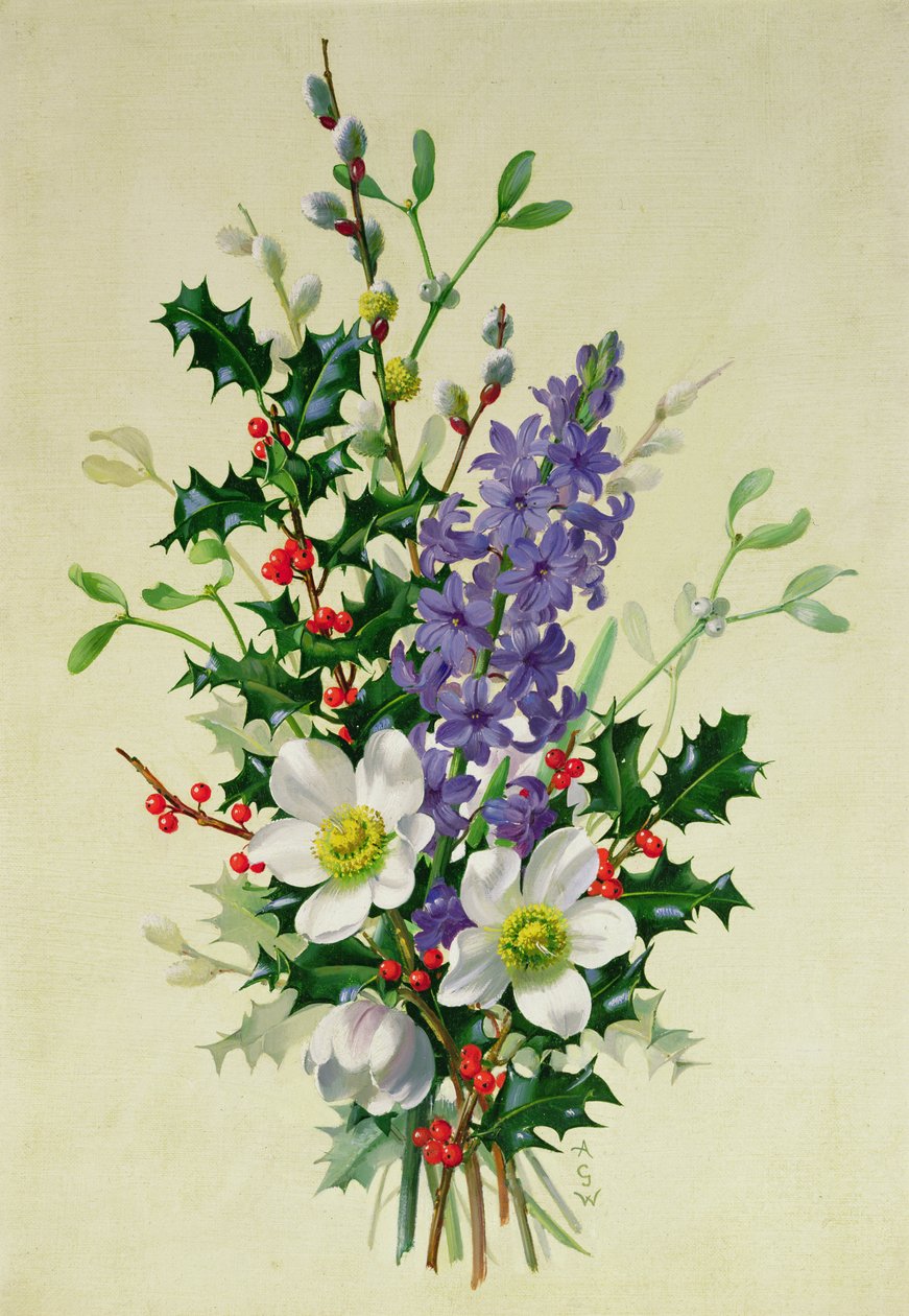 Spray av dogrose, kristtorn, misteltein og lerkespore (1) av Albert Williams
