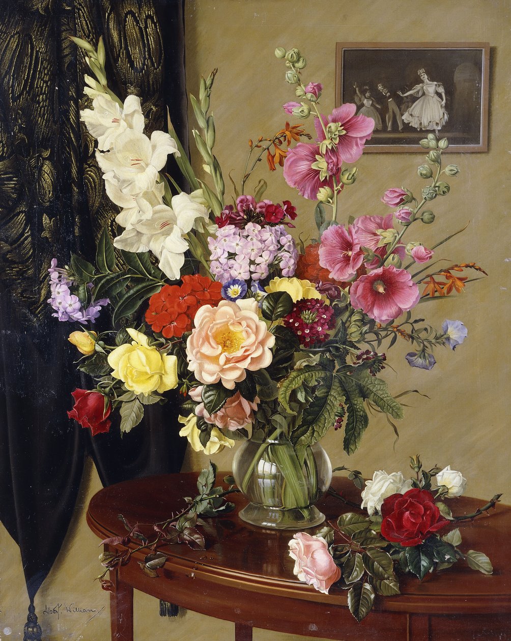 Stilleben med gladioler, roser og stokkroser foran et brodert gardin av Albert Williams