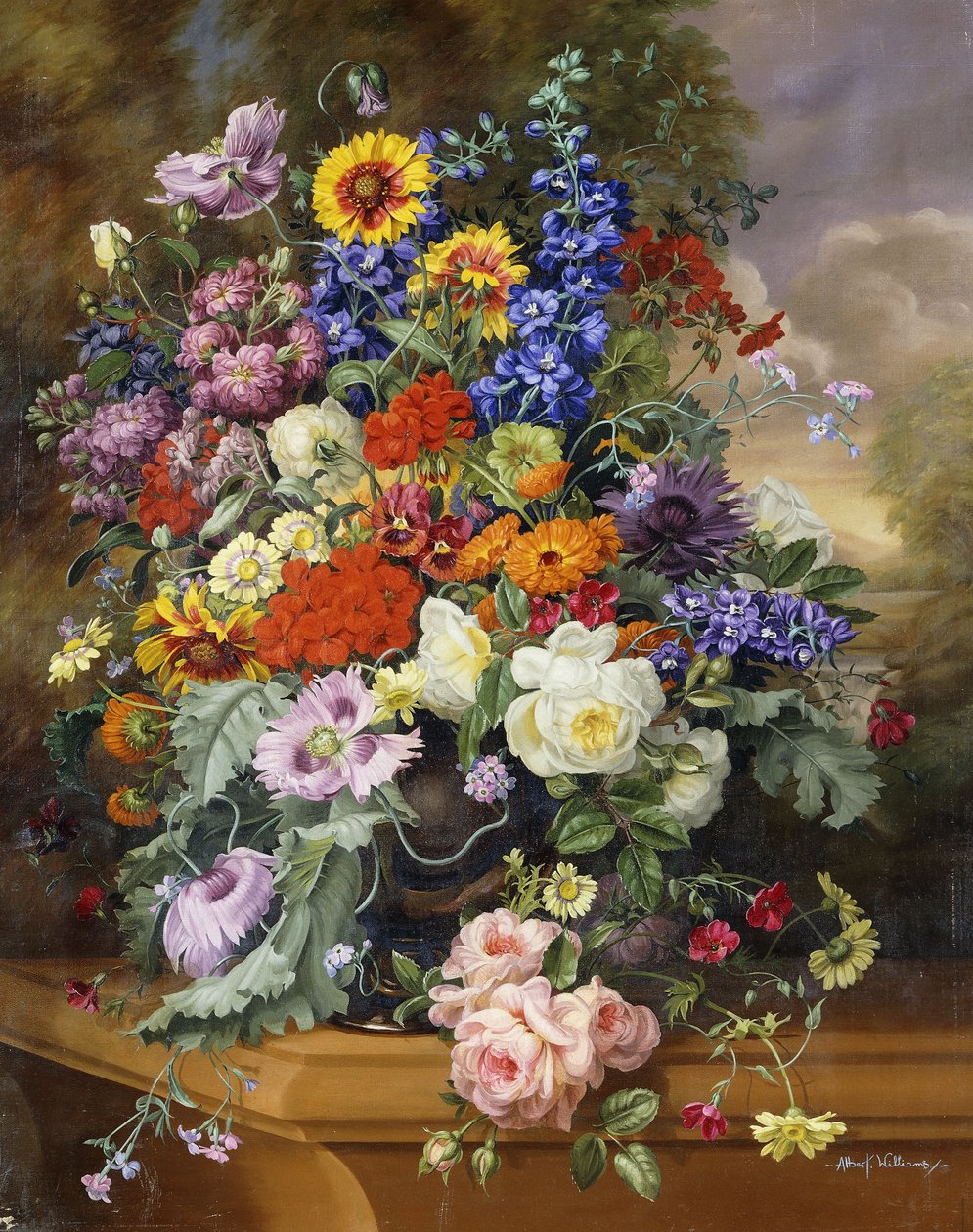 Stilleben med roser, delphiniums, valmuer og ringblomster på en avsats av Albert Williams