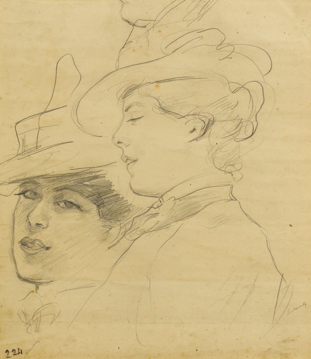 Hodet til en kvinne iført en dekorert hatt, profil og trekvart visning, ca. 1900 (blyant på lysebrunt papir) av Albert de Belleroche