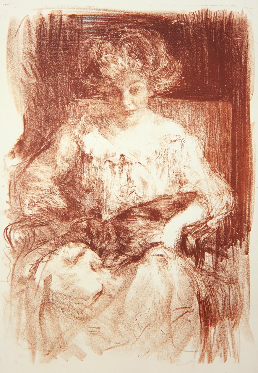 Fru. H. V. Milbank på Ferby Lodge med Bebear, ca. 1907 av Albert de Belleroche