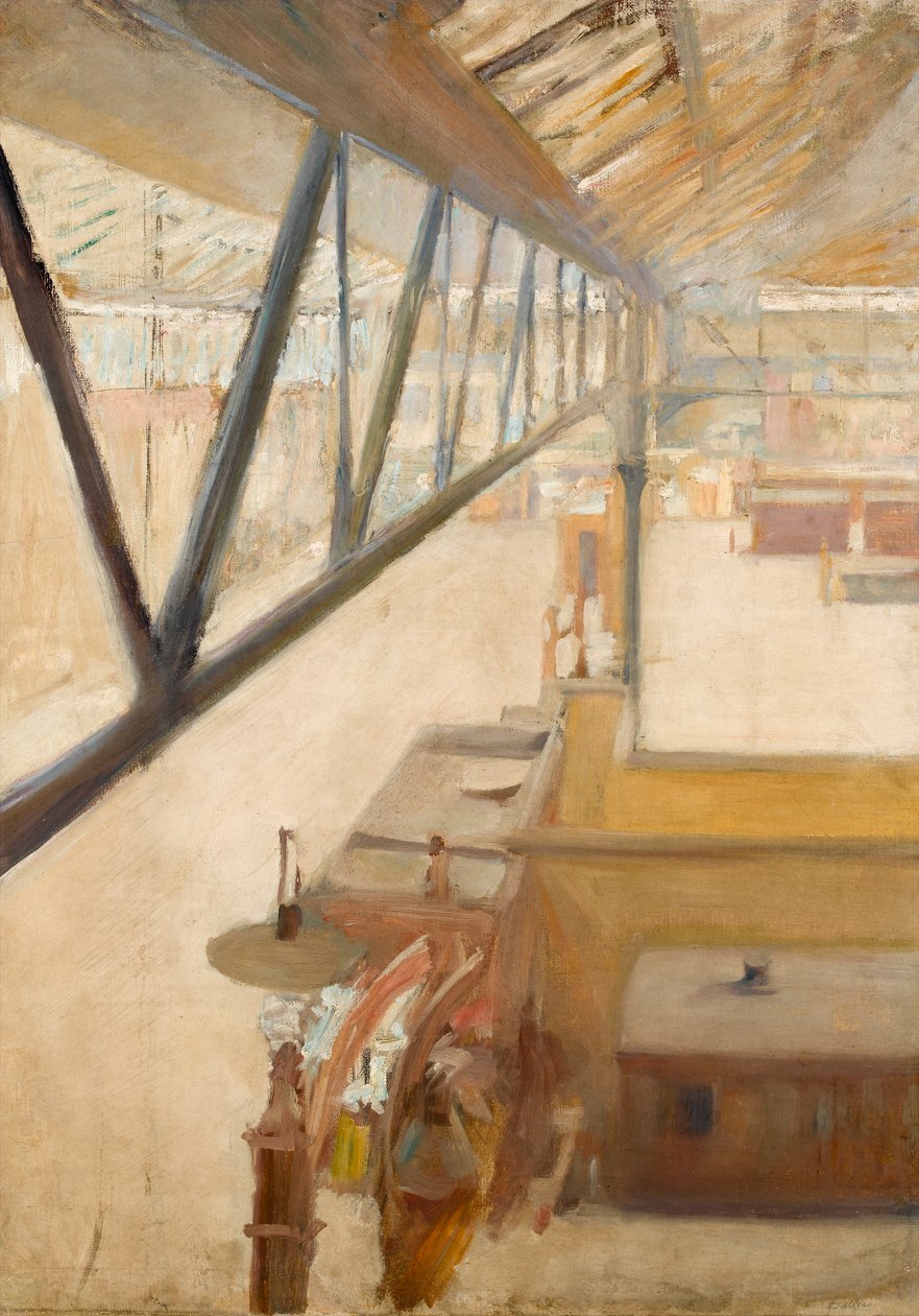 Utsikt over en jernbanestasjon, ca. 1900 (olje på lerret) av Albert de Belleroche