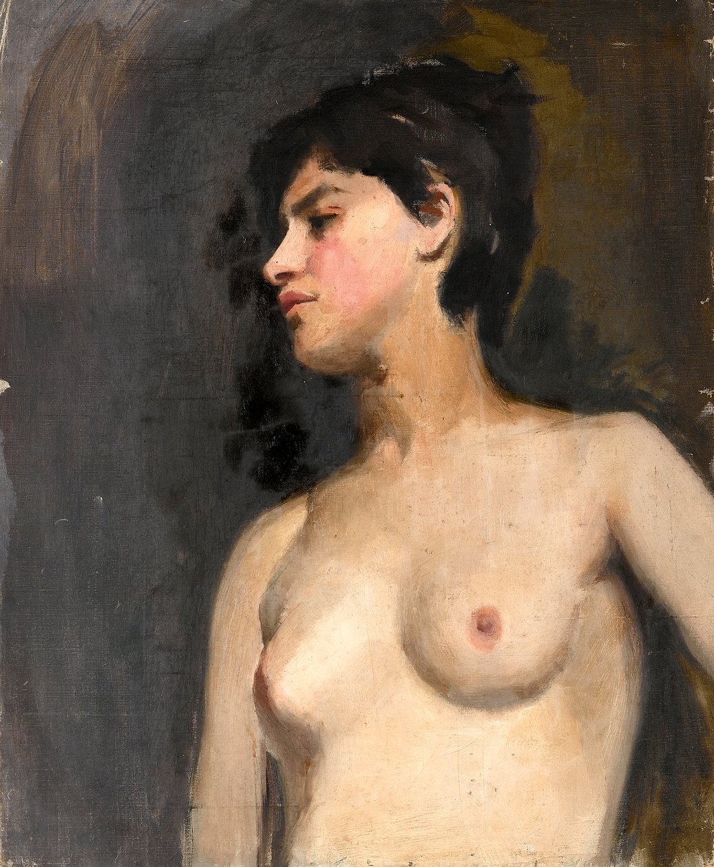 Kvinne semi-naken. svart bakgrunn. Cirka 1880 av Albert de Belleroche