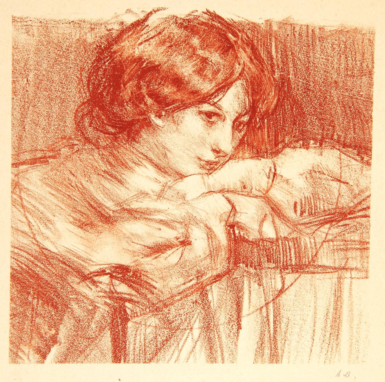 Ung dame lener seg på kryssede hender, 1902 av Albert de Belleroche