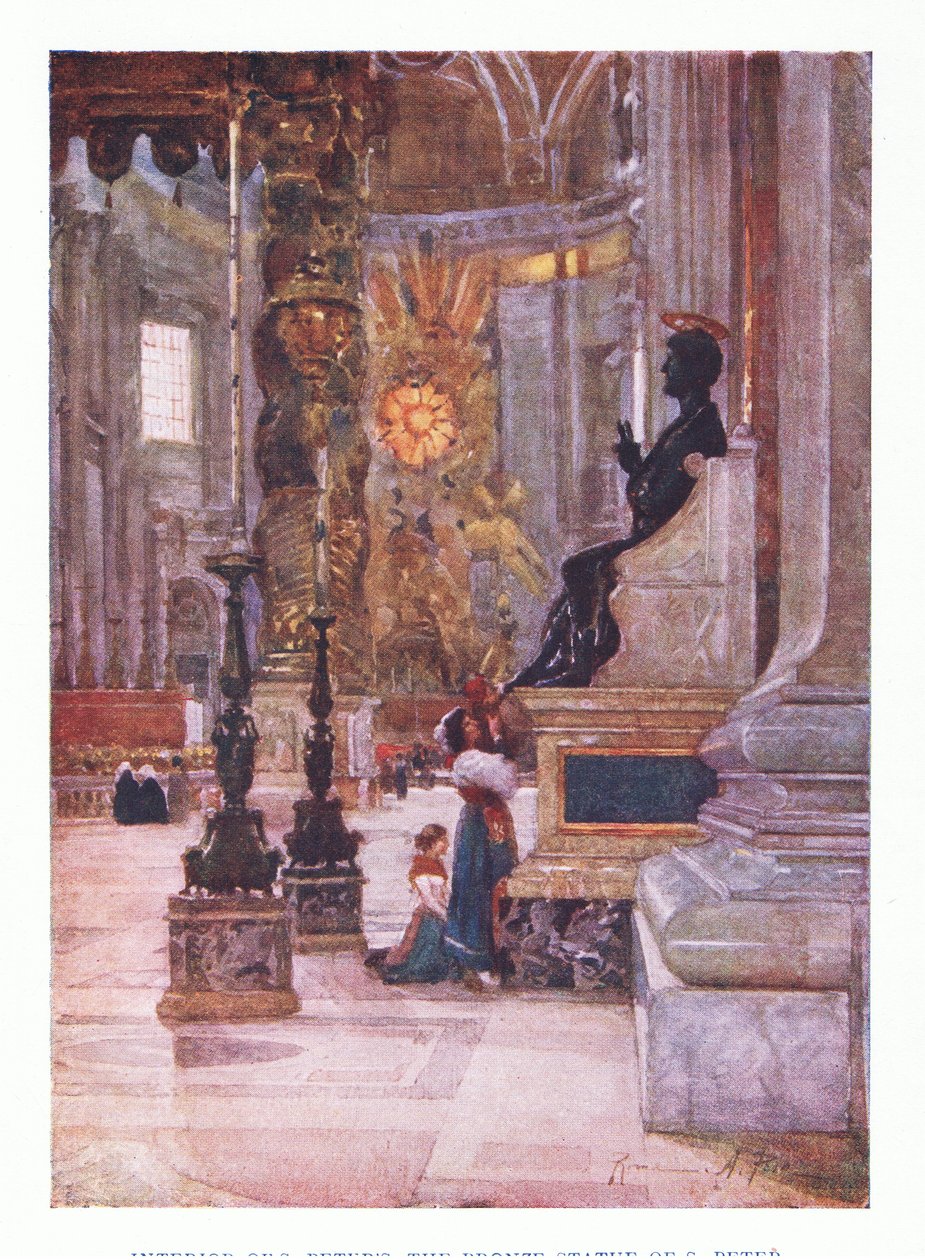 Interiør av St Peters, bronsestatuen av Peter, fra Roma utgitt av A & C Black Ltd, 1925 av Alberto Pisa
