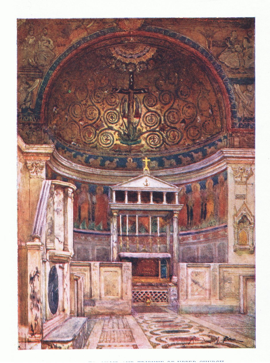 San Clemente, kor og Tribune of Upper Church (nedenfor er Temple of Mithras), fra Roma utgitt av A & C Black Ltd, 1925 av Alberto Pisa