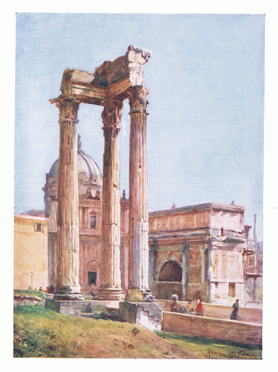 The Temple of Vespasian, fra Portico of the Dii Consentes, fra Roma utgitt av A & C Black Ltd, 1925 av Alberto Pisa