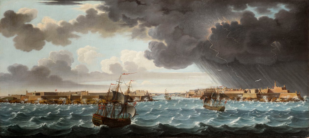 Ett av et sett med syv utsikter over Valletta, Malta og omegn, ca. 1753 av Alberto Pullicino