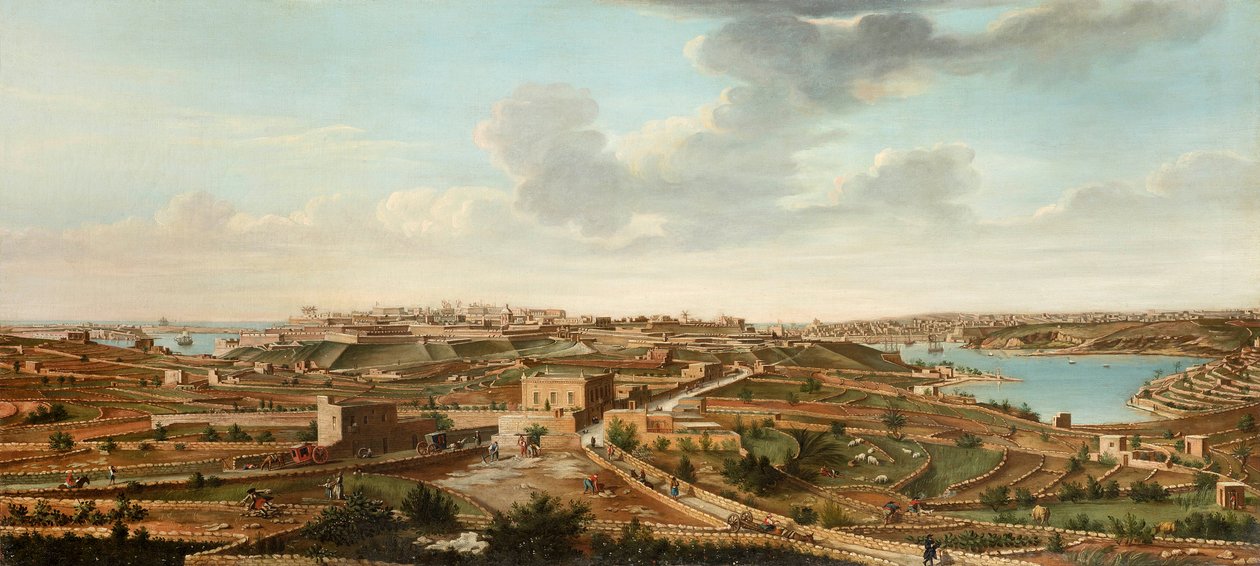 Ett av et sett med syv utsikter over Valletta, Malta og omegn, ca. 1753 av Alberto Pullicino