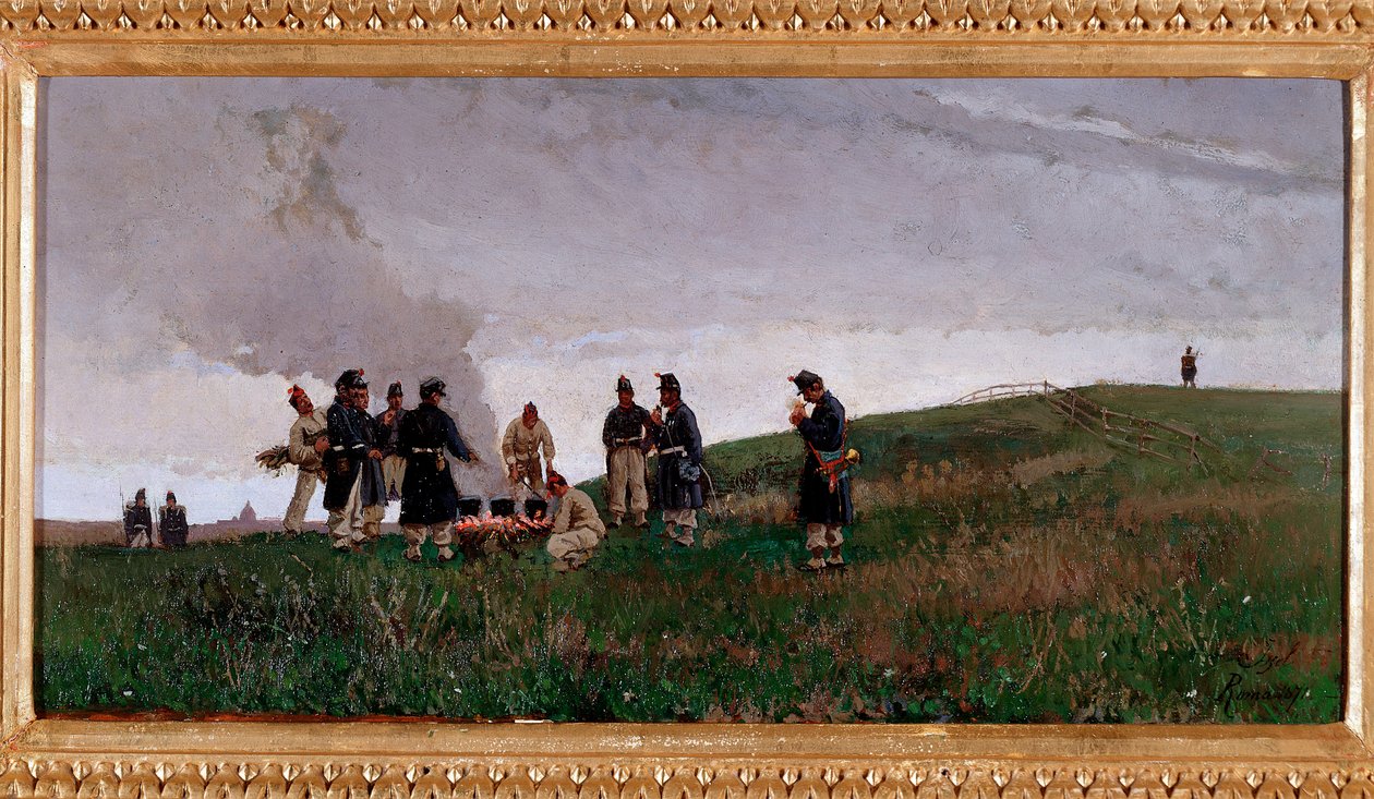 Rundt bålet. Bivuakk av soldater fra den italienske hæren (olje på lerret av Alberto Issel