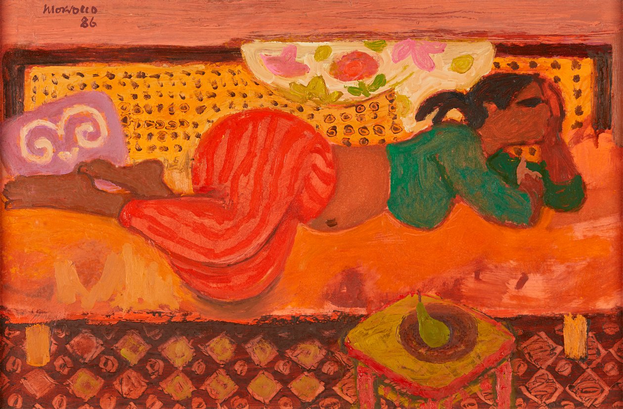 Tunisisk jente på en sofa (olje om bord) av Alberto Morrocco