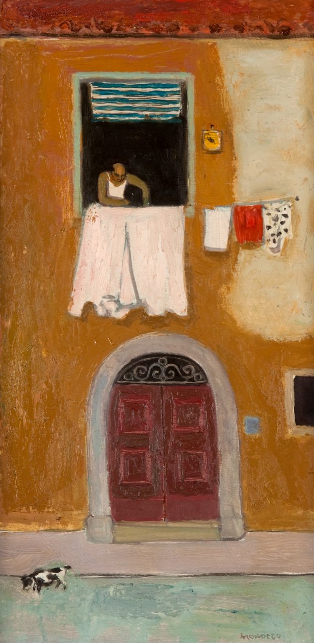 Vindu i Orbetello, ca. 1980 (olje om bord) av Alberto Morrocco