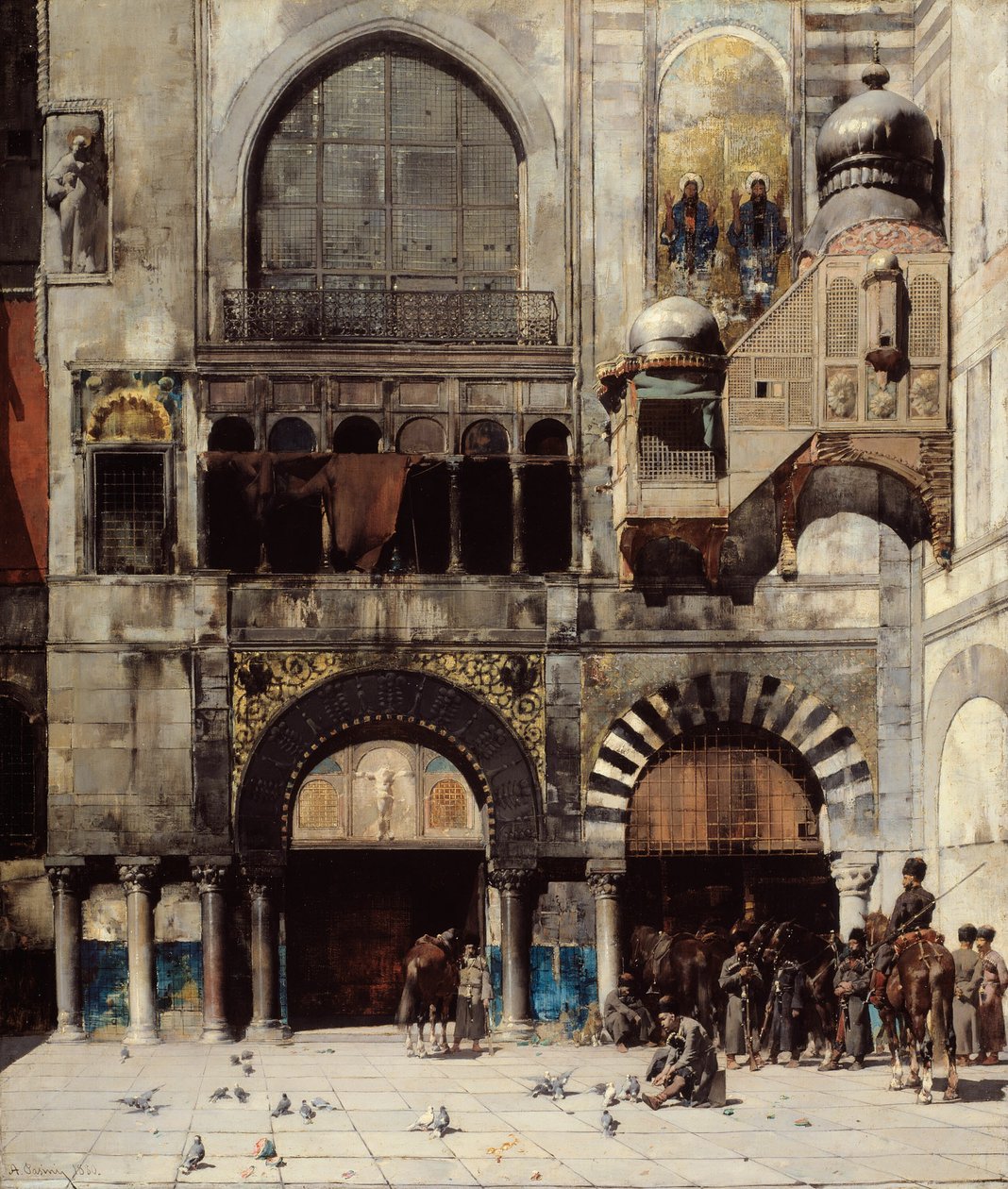 Circassian Cavalry venter på sin kommandant ved døren til et bysantinsk monument; Minne om Orienten av Alberto Pasini