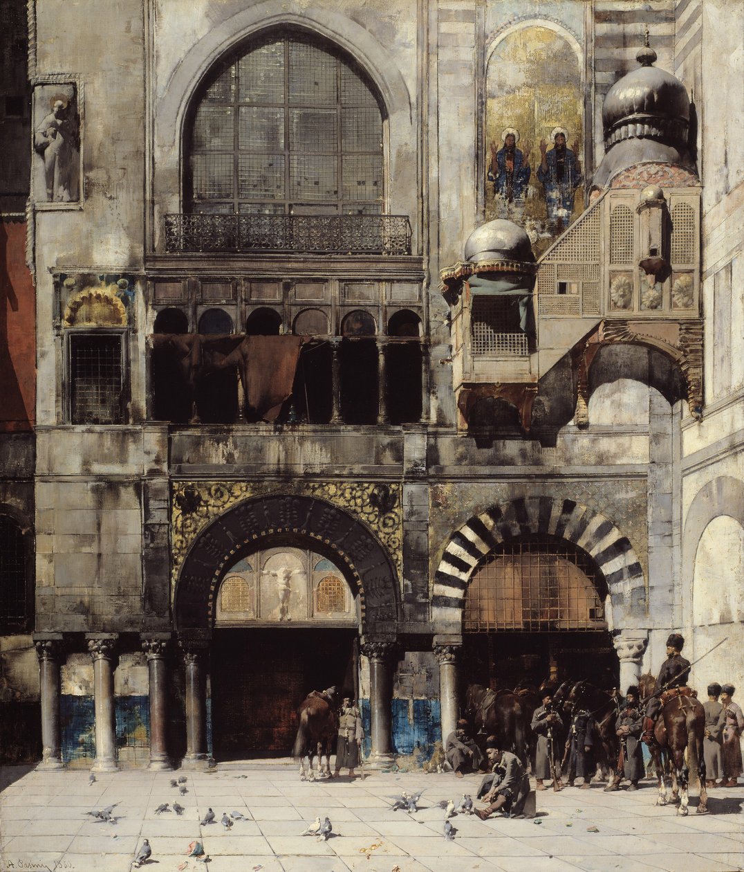 Sirkassisk kavaleri venter på sin kommanderende offiser ved døren til et bysantinsk monument, Orientens minne, 1880 av Alberto Pasini