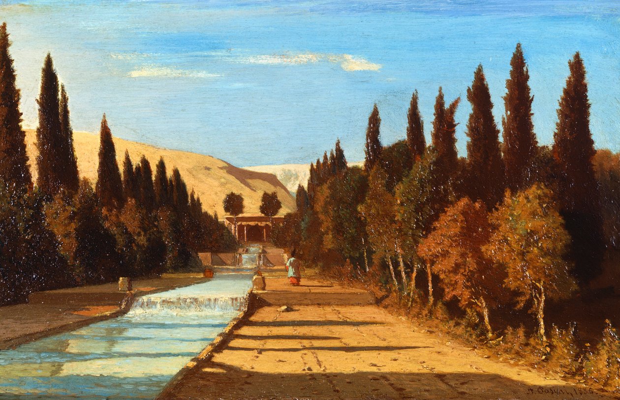 Utsikt over Persia, av Alberto Pasini, olje på panel av Alberto Pasini