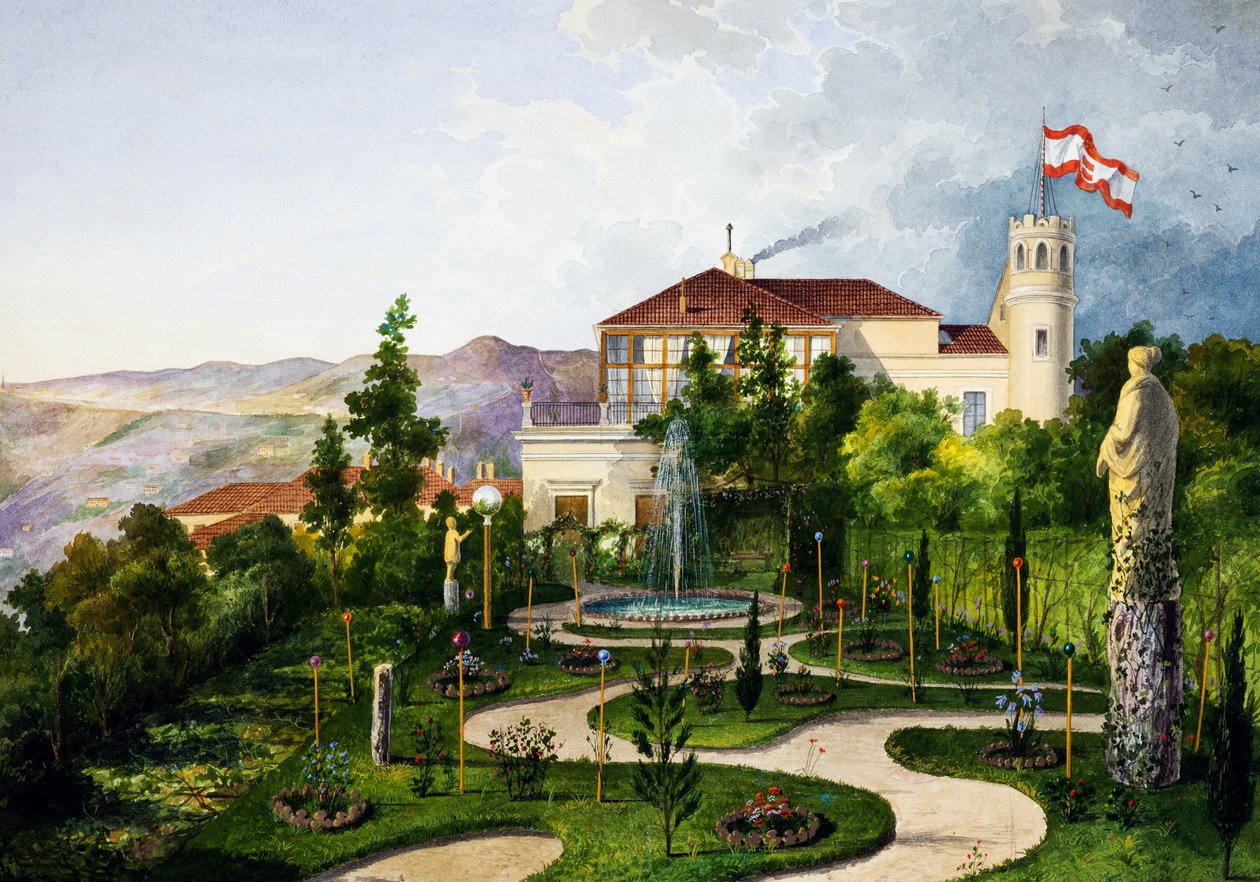 Eksteriør med hage, sør-vest for Villa Lazzarovic Trieste-residensen til Maximilian av Habsburg (1832-1867) av Alberto Prosdocini or Prosdocimi