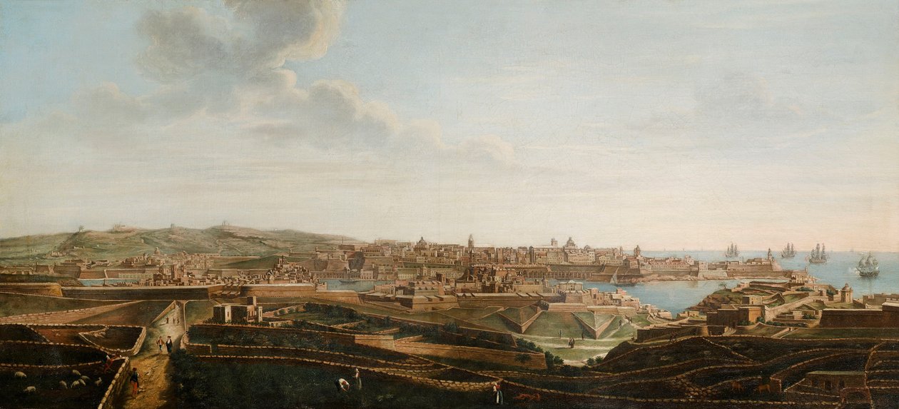 En av et sett med syv utsikter over Valletta, Malta og omegn, ca. 1753 (olje på lerret) av Alberto Pullicino