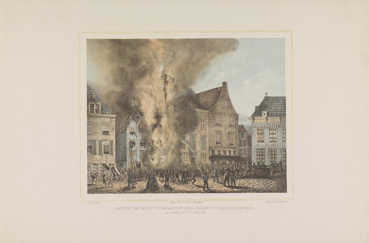 Utsikt ved utbruddet av brannen i Middelburg. søndag 28. juni 1857 (tittel på objekt) av Albertus Anthonius Nunnink