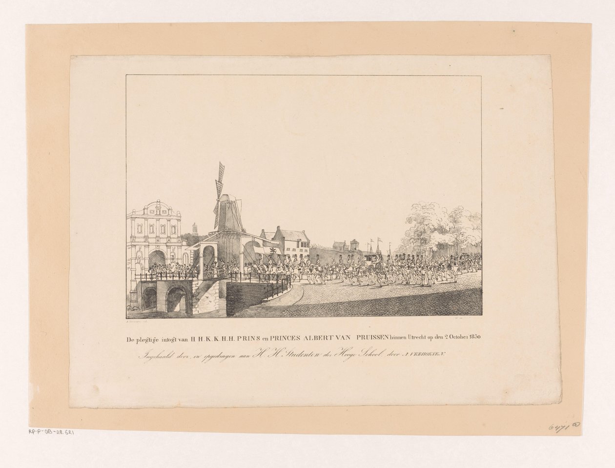 Inntreden av prinsesse Marianne og hennes ektemann prins Albert i Utrecht, 1830 Den høytidelige inngangen til H.H.K.K.H.H. Prins og prinser Albert av Preussen i Utrecht 2. oktober 1830 (tittel på objekt) av Albertus Verhoesen