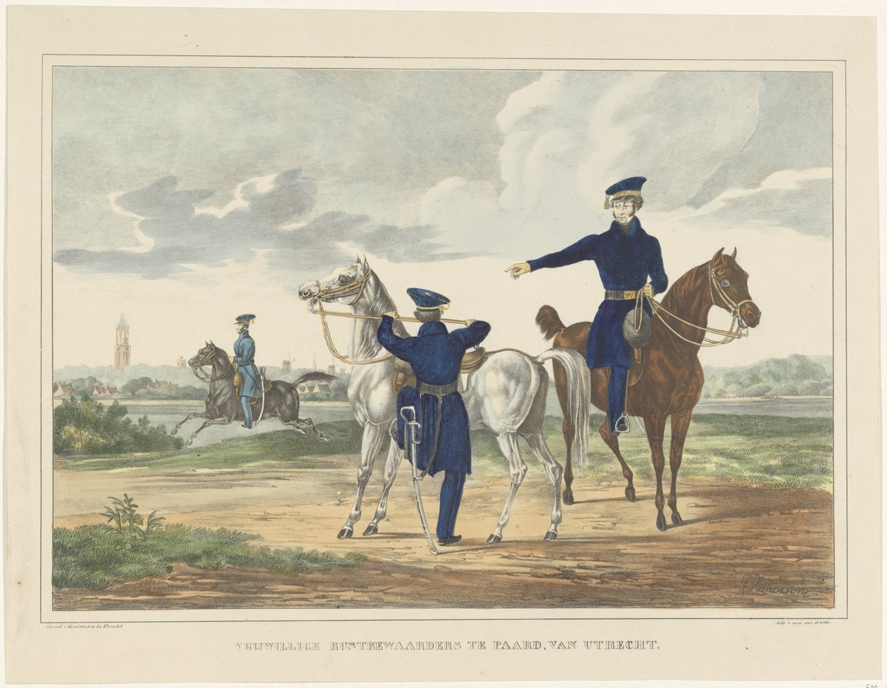 Frivillige hvilevoktere til hest fra Utrecht, 1830 Frivillige hvilevoktere på hest, fra Utrecht (tittel på objekt) av Albertus Verhoesen
