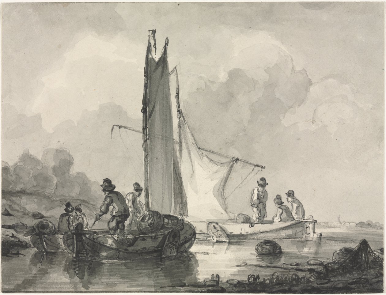 Elvelandskap med fisker og tre båter av Albertus van Beest