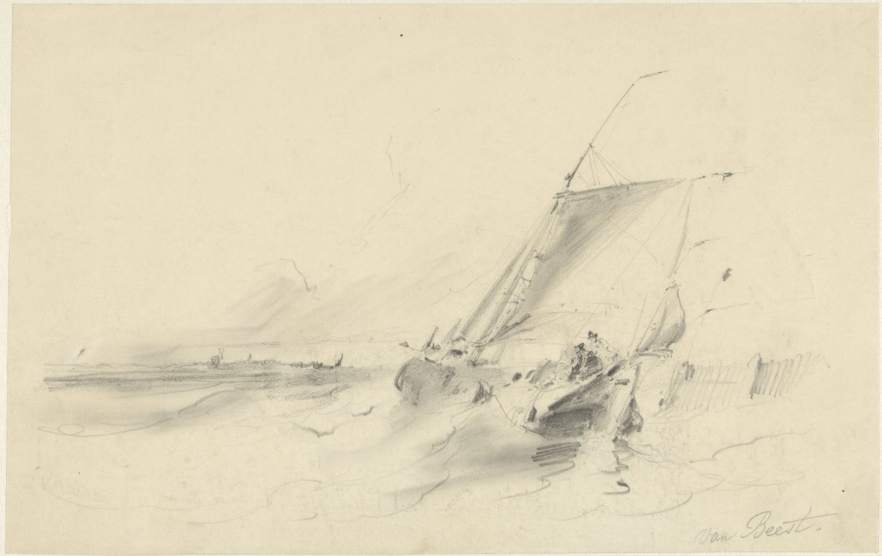Seascape med lekter i hakkete vann av Albertus van Beest