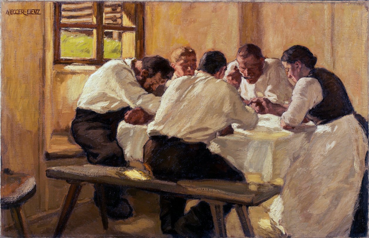 Repas, la soup (versjon 2) (Lunch (The Suppen, Versjon II) Maleri av Albin Egger Lienz (1868-1926), olje på lerret av Albin Egger Lienz