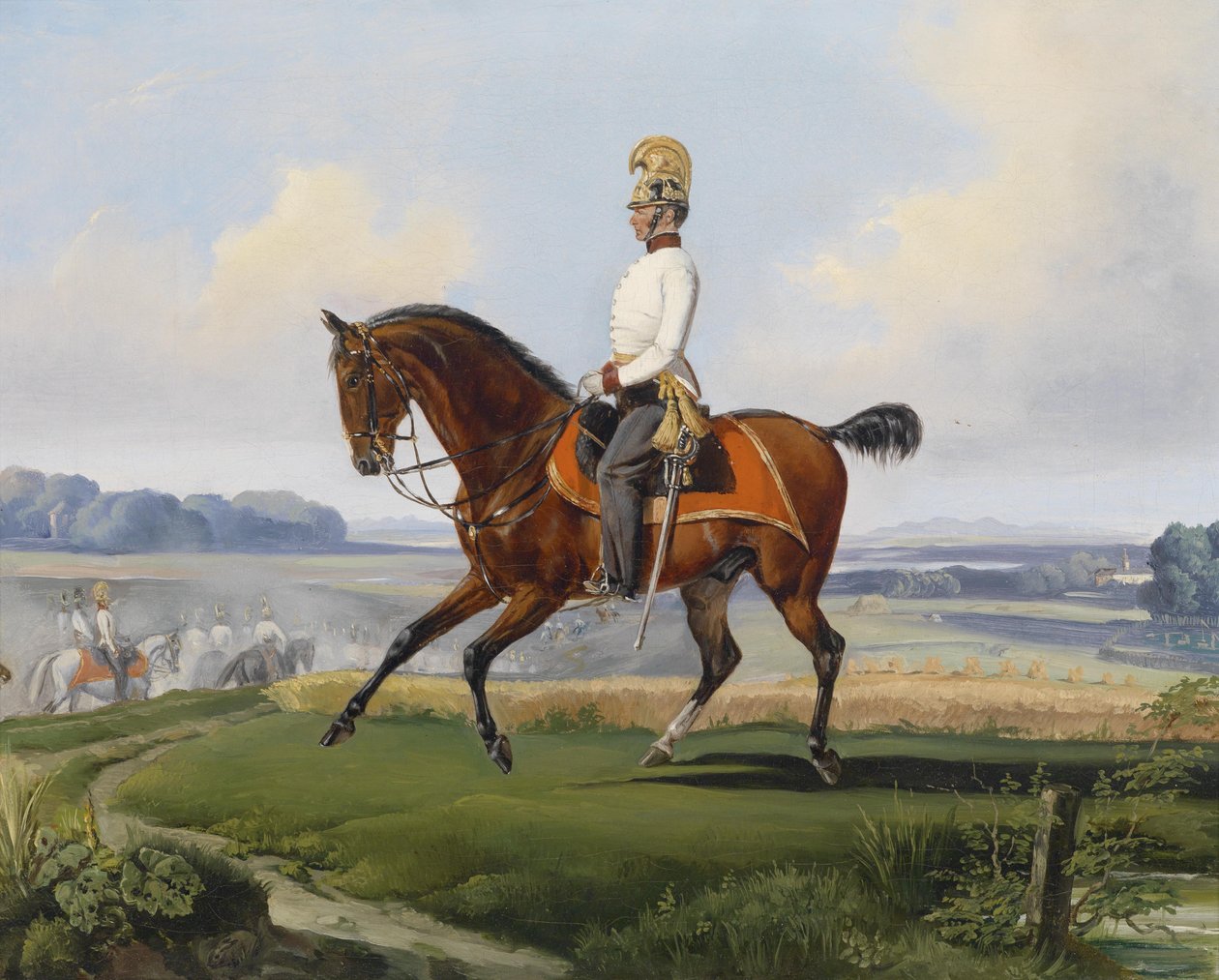 Førsteløytnant Theodor v. Klein (Zehlendorf 1803-1863 Geltschberg) i uniformen til k. k. Dragonregiment nr. 3 på en treningstur av Albrecht Adam