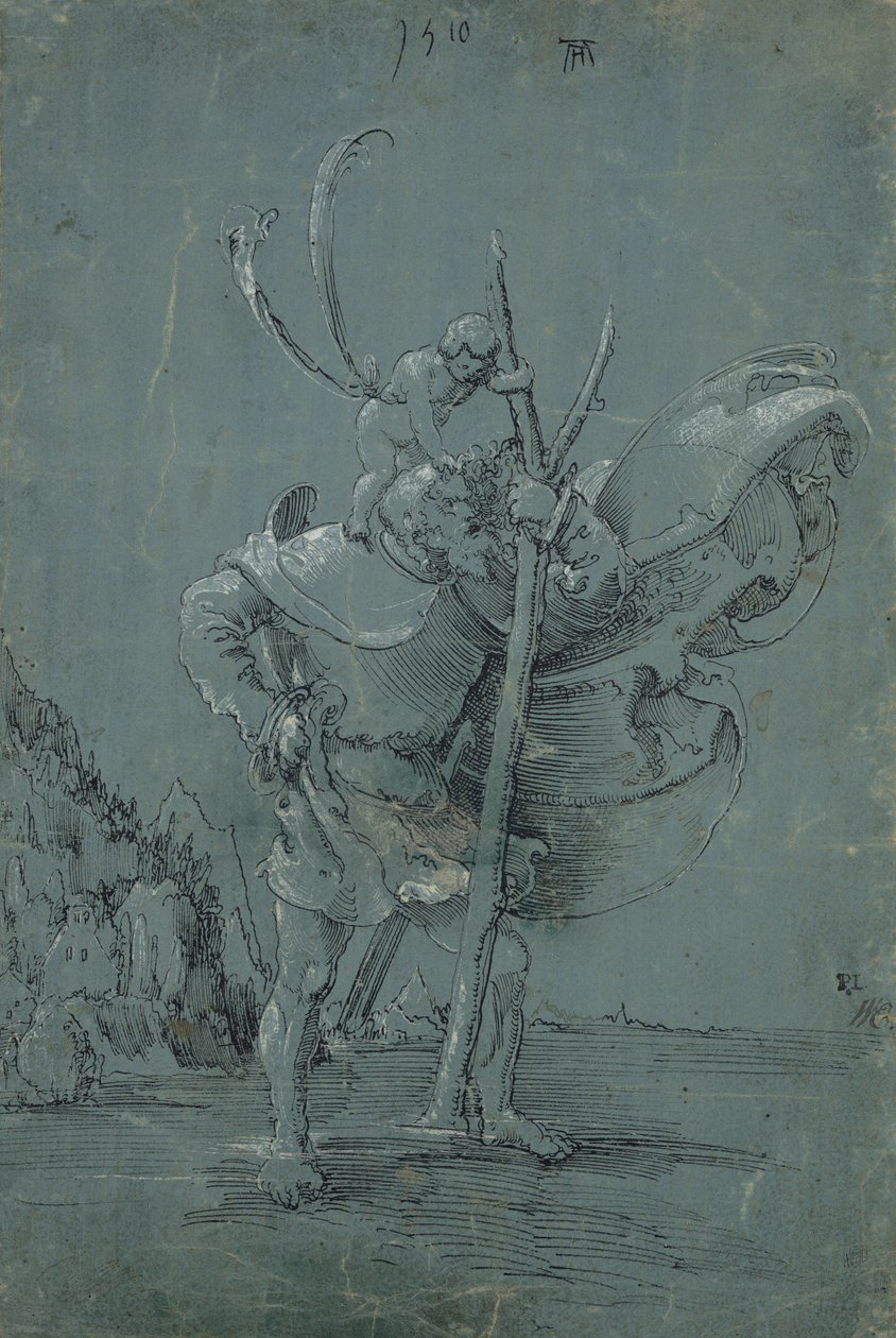 Saint Christopher, 1510 (penn og svart blekk med hvit blyant på grønt blått papir) av Albrecht Altdorfer