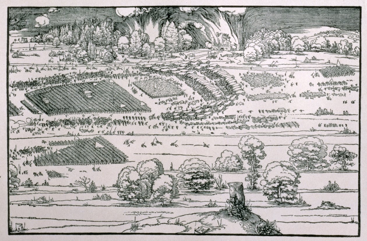 Demonstrasjon av forsvarstiltak for å beskytte en by mot en beleirende hær, detalj på høyre side av en tallerken fra «Teaching about the Fortification of Towns, Castles and Places», pub. 1527 (tresnitt) (s av Albrecht Dürer