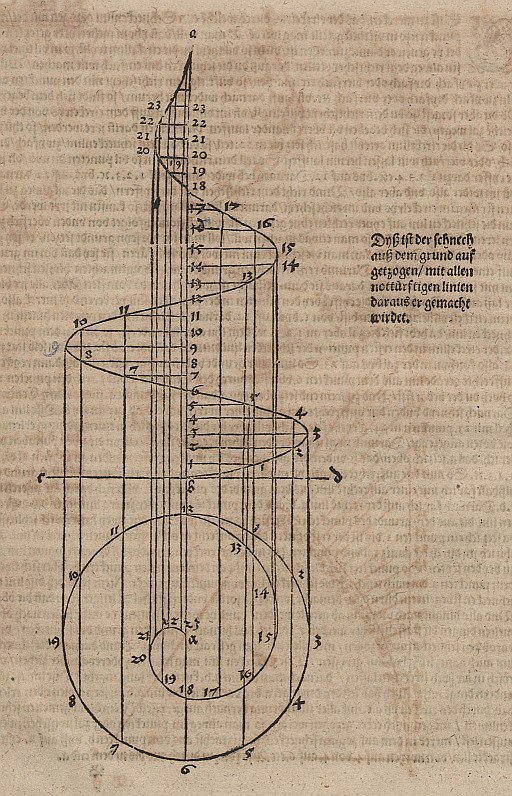 Grunnplan og forhøyning av en konisk spiral med hjelpelinjer av Albrecht Dürer