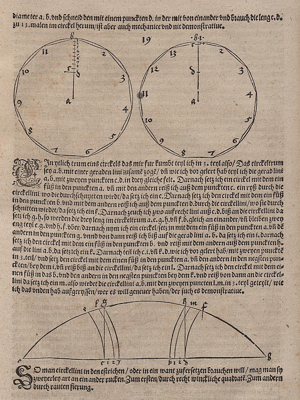 Konstruksjon av vanlige elleve og trekantede hjørner av en sirkelbue av Albrecht Dürer