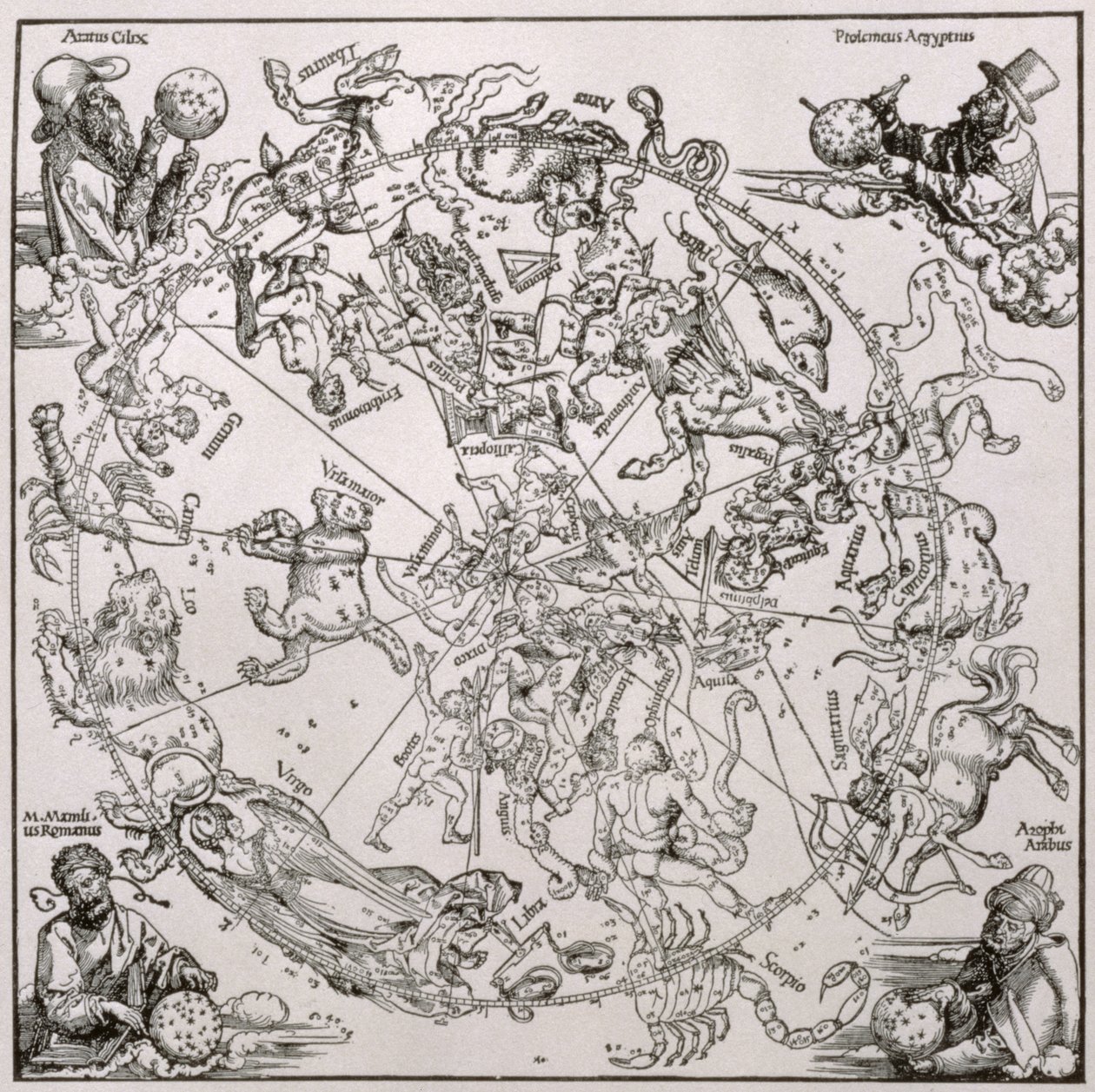 Kart over den nordlige himmelen med representasjoner av stjernebildene, ca. 1515 av Albrecht Dürer
