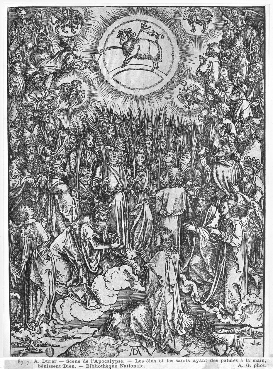 Scene fra Apokalypsen, Tilbedelse av lammet, tysk utgave, 1498 av Albrecht Dürer