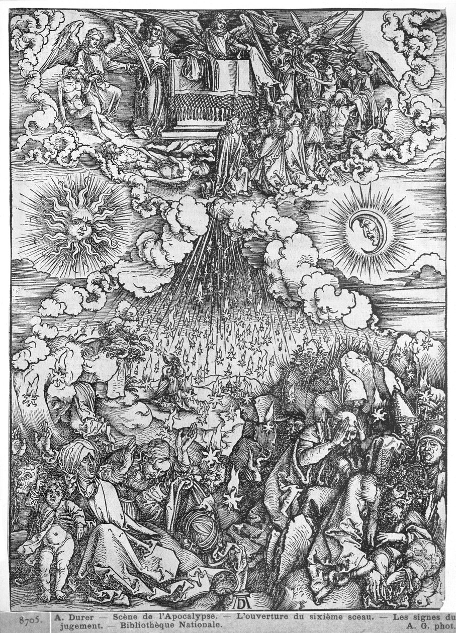 Scene fra Apokalypsen, Åpningen av det femte og sjette segl, latinsk utgave, 1511 av Albrecht Dürer