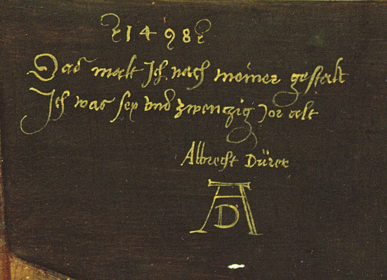 Selvportrett med hansker, detalj av signatur, 1498 (detalj av 545) av Albrecht Dürer